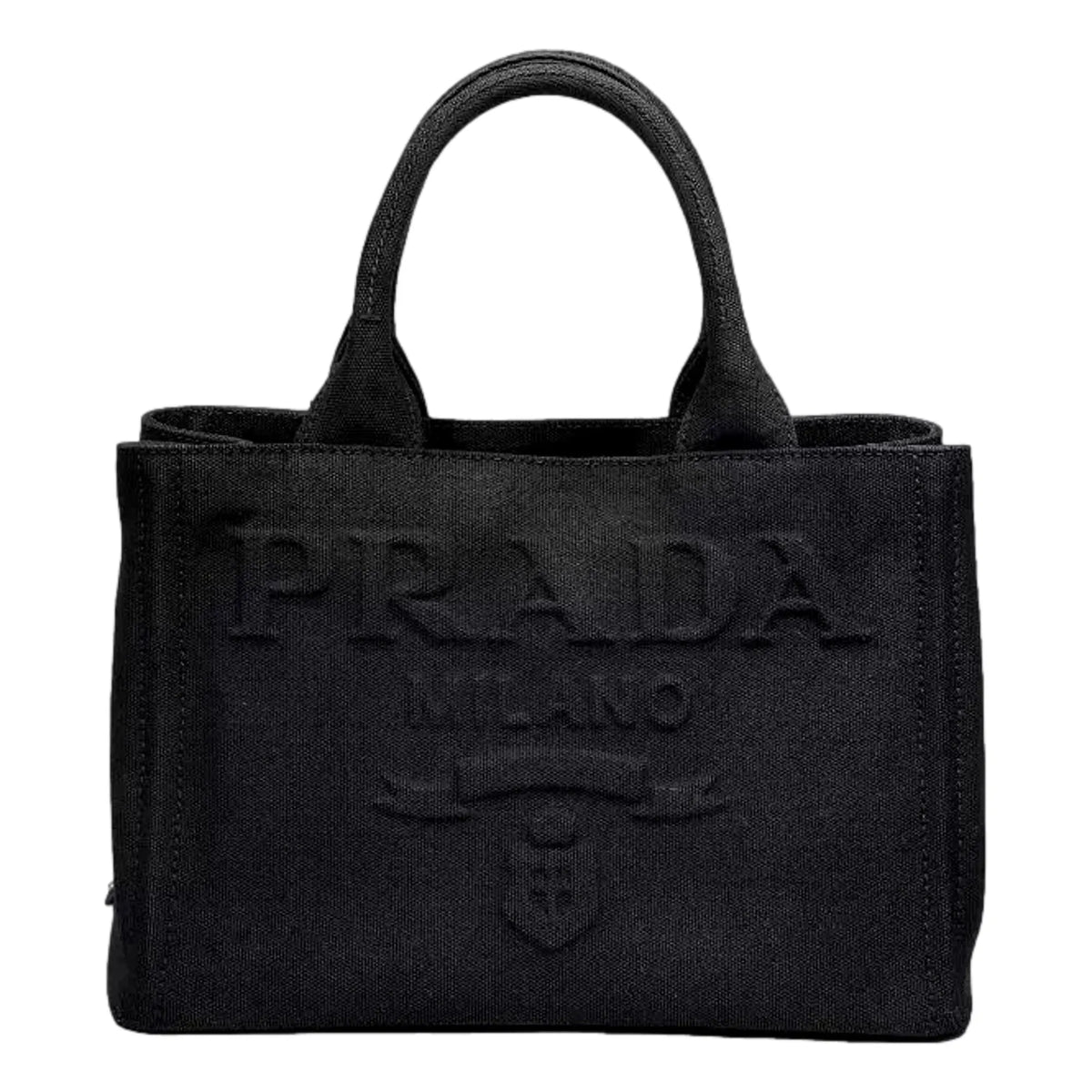 Prada Canapa Tote Handbag Canvas Embossed Lettering Logo Fabric Black