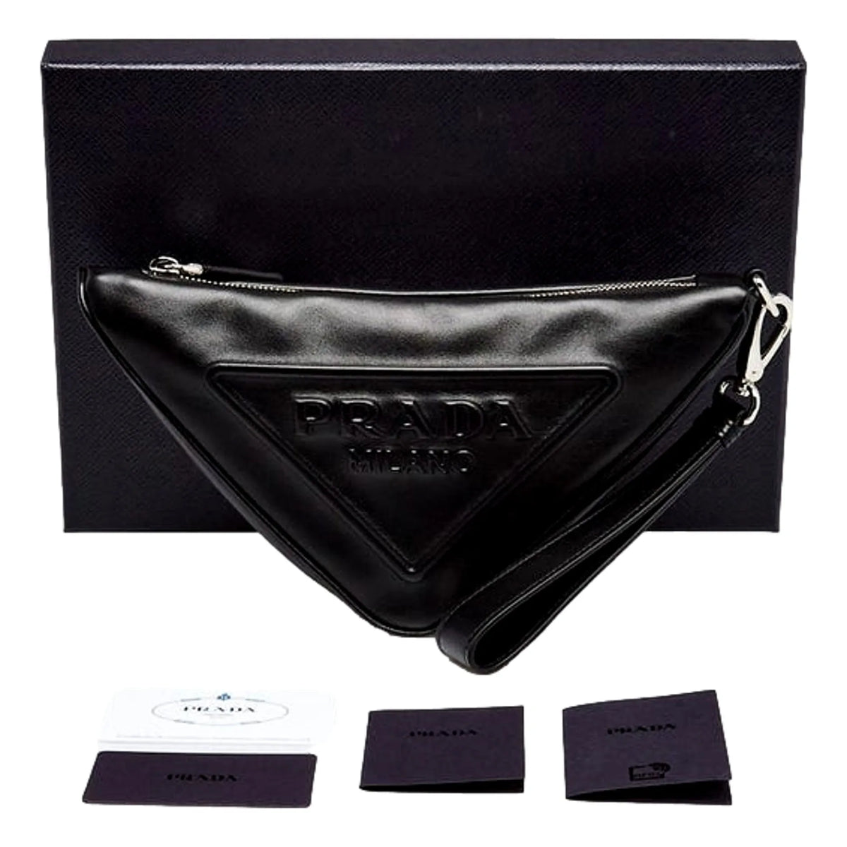 Prada Grace Triangle Leather Pouch Clutch Bag with Embossed Logo