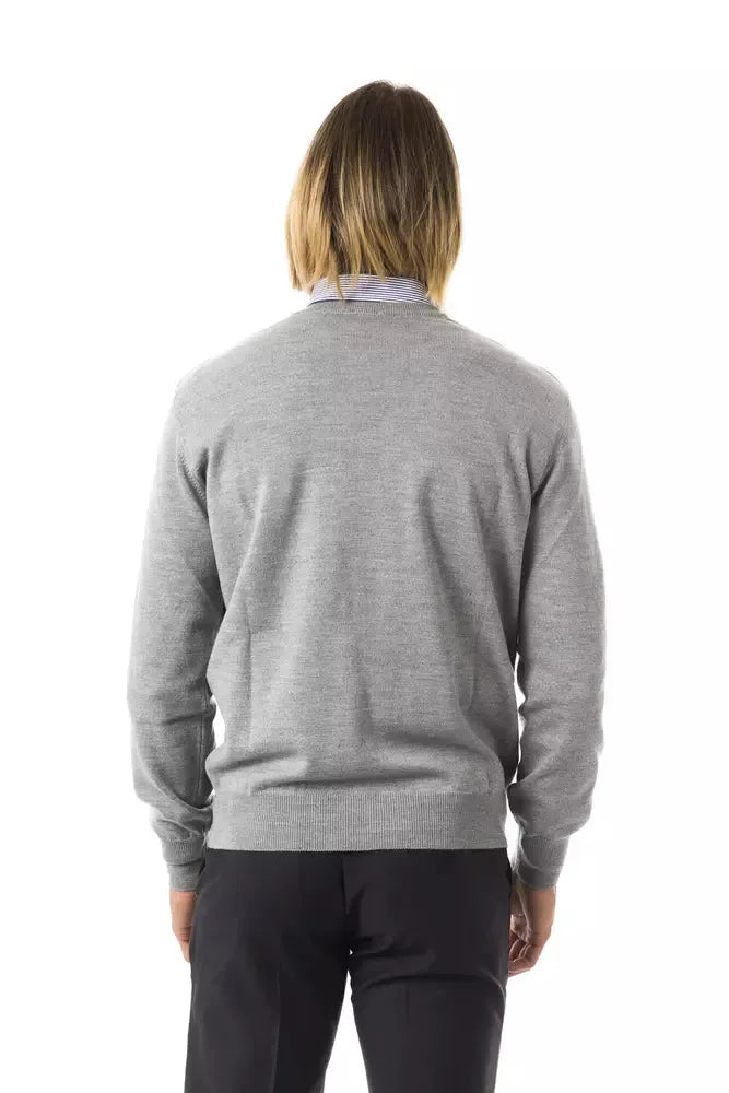 Uominitaliani Embroidered Wool V-Neck Sweater - Elegant Gray