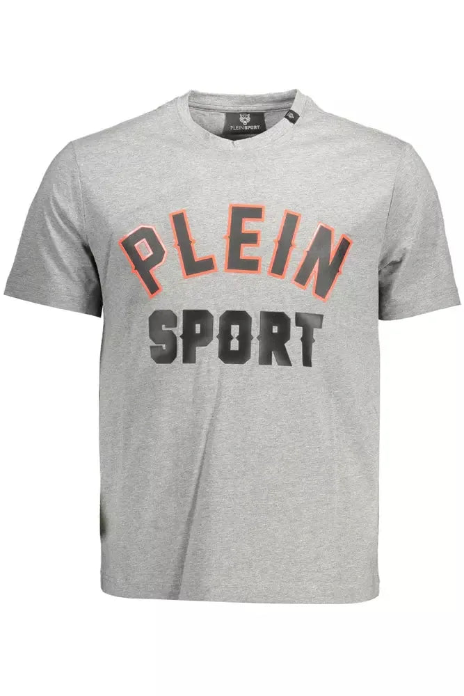 Plein Sport Sleek Gray Cotton Tee with Bold Details