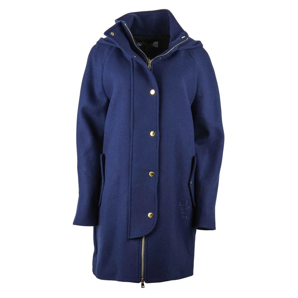 Love Moschino Elegant Blue Wool-Blend Coat with Golden Accents