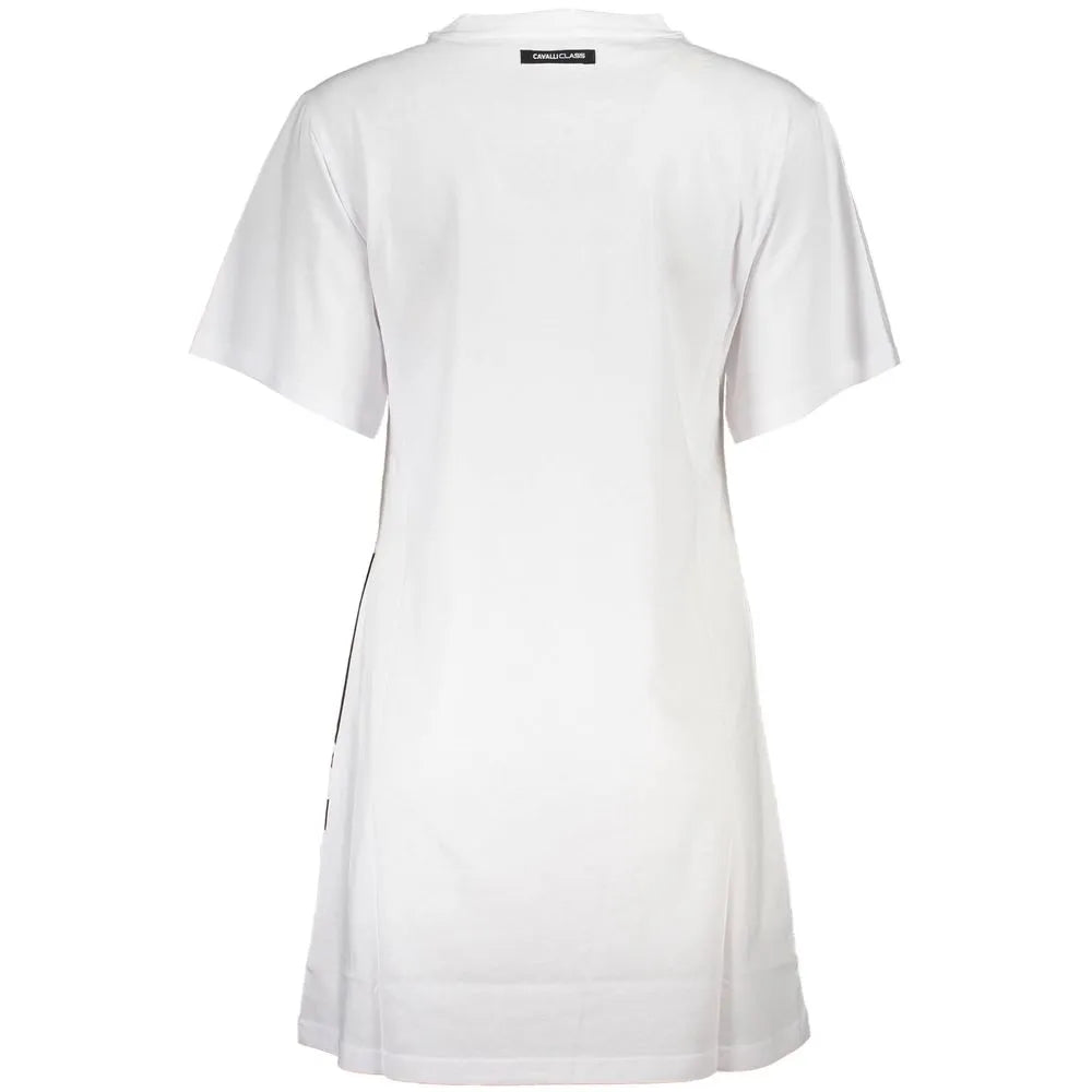 Cavalli Class Elegant White Cotton Dress with Designer Print