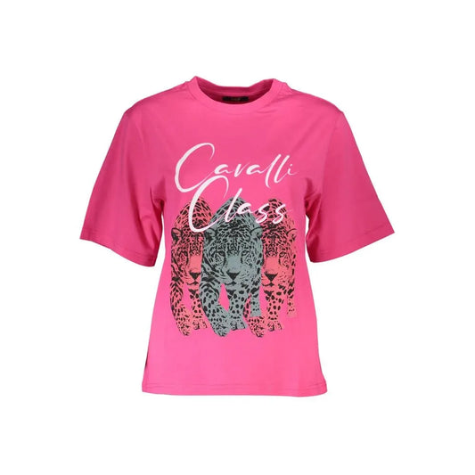 Cavalli Class Elegant Slim Fit Pink Tee with Chic Print