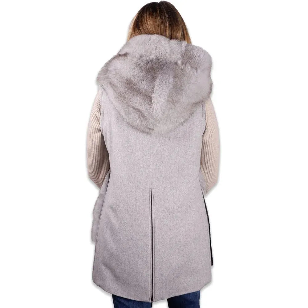 Made in Italy Sleeveless Luxury Wool Coat with Fox Fur Trim