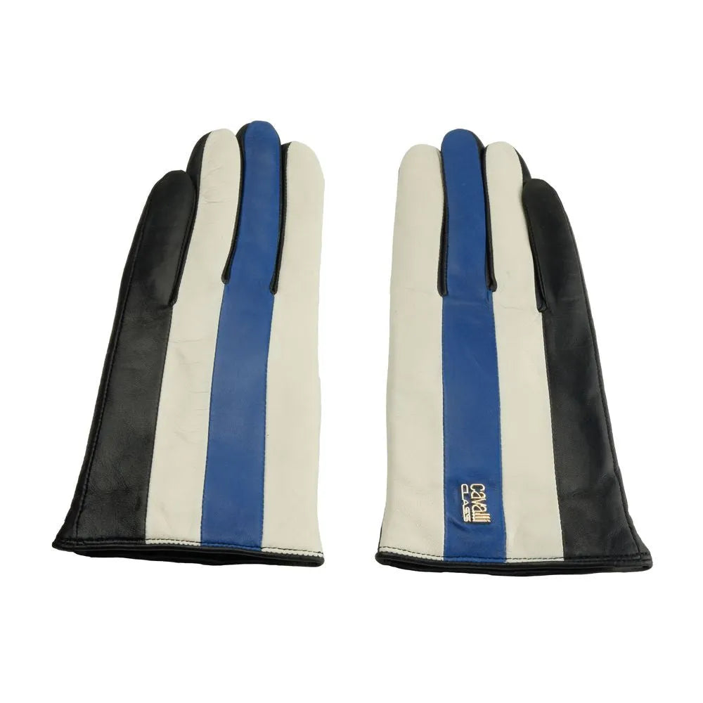 Cavalli Class Elegant Black and Blue Lambskin Gloves