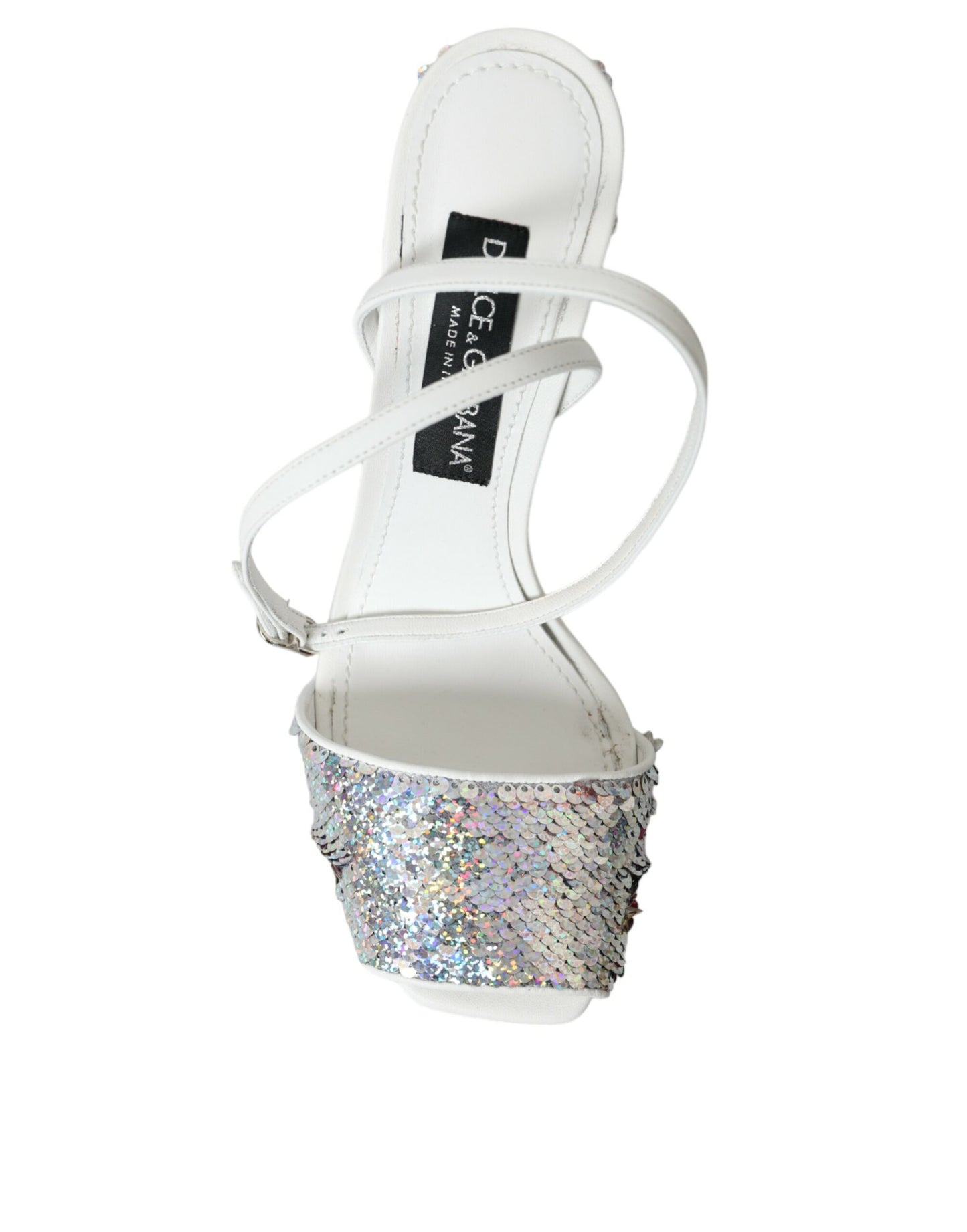 Dolce & Gabbana White Silver Sequin Ankle Strap Sandals Shoes