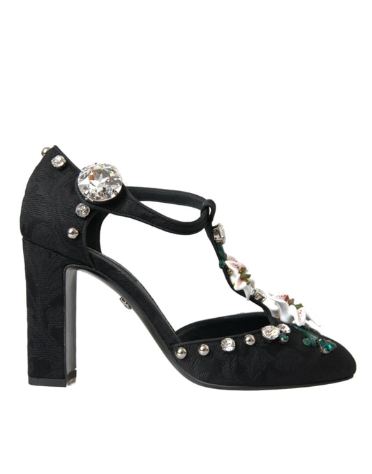 Dolce & Gabbana Black Lilies Crystal Heels Pumps Shoes