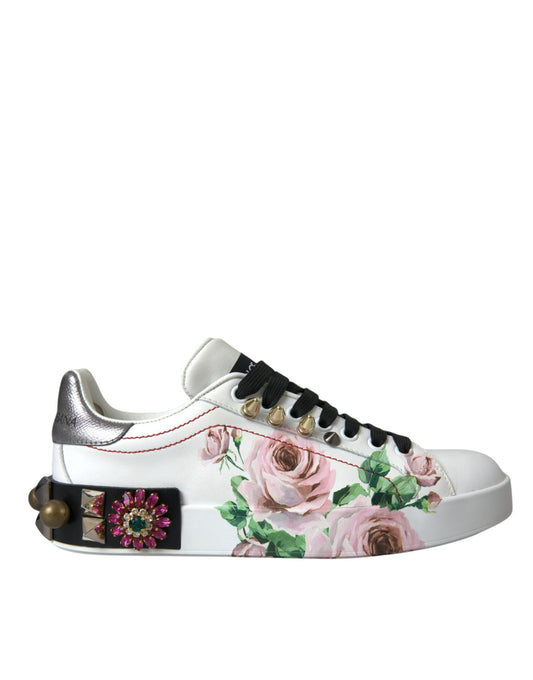 Dolce & Gabbana White Leather Crystal Roses Floral Sneakers Shoes