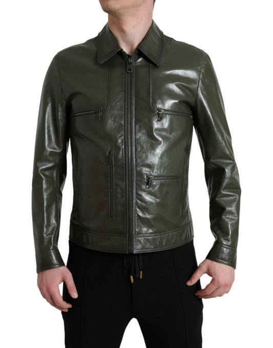 Dolce & Gabbana Emerald Elegance Leather Biker Jacket