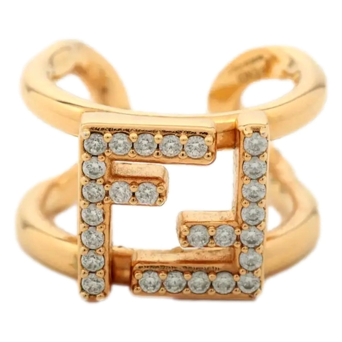 Fendi FF Anello Gold and Crystal Embellished Ring Large