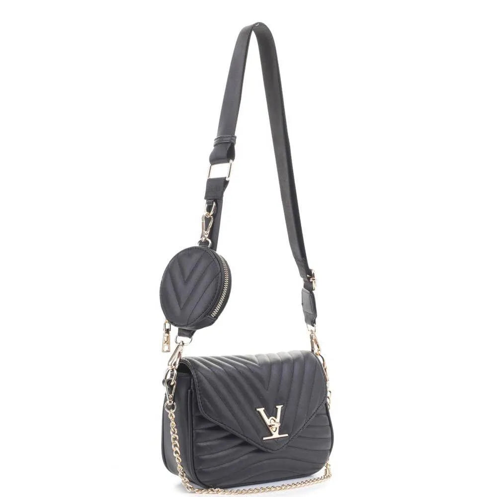 2IN1 V LINE CROSSBODY BAG WITH COIN PURSE SET: BK / ONE SIZE, Handbag, Black Cross Body Bags, Clayton's Online Store LLC