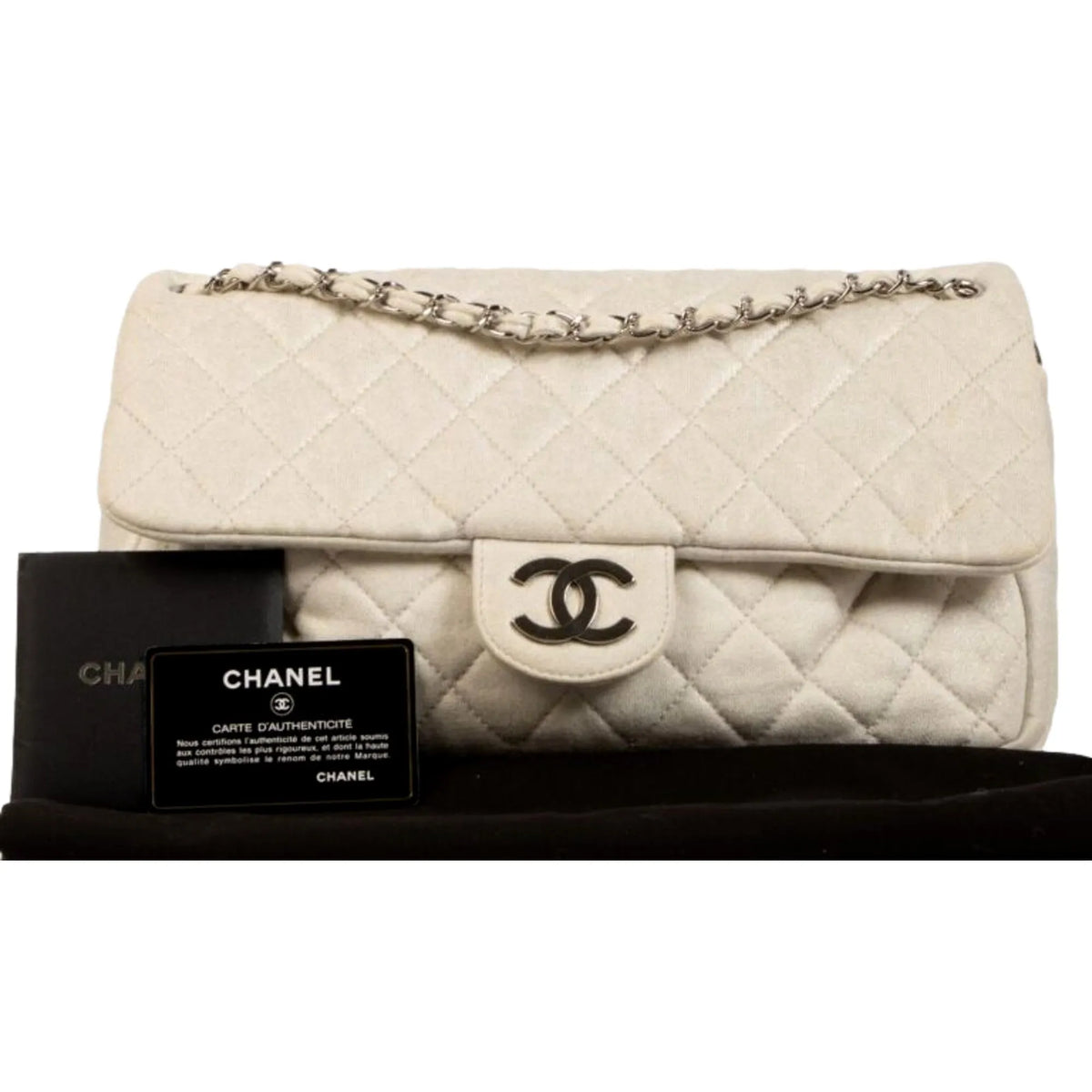 Chanel Shimmer Craie White Jersey Classic Flap Bag