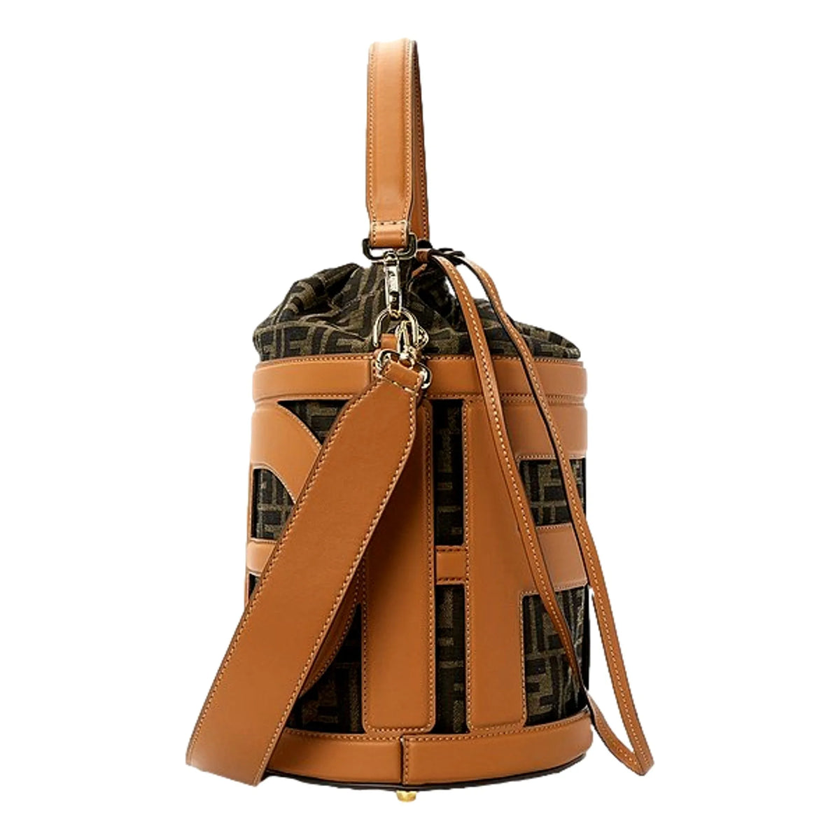 Fendi Step-Out Bucket Bag Brown Fabric and Leather Medium Fendi Logo