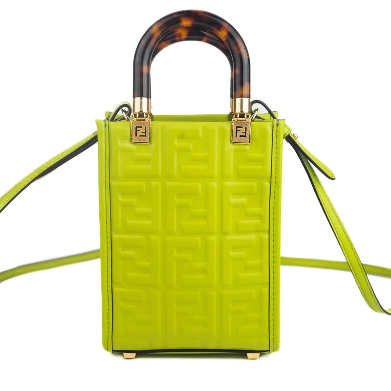 Fendi FF Zucca Mini Sunshine Shopper Tote Crossbody Bag Green Leather