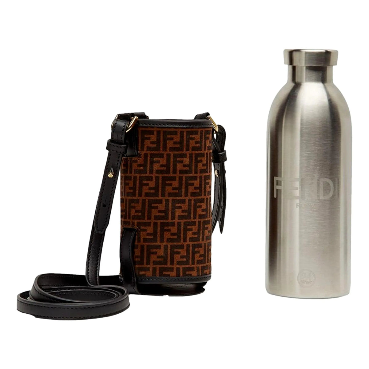 Fendi x 24 Bottles FF Print Suede Bottle Holder Crossbody 2 Piece Set