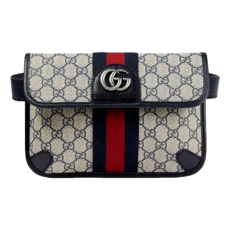 Gucci Ophidia Flap Belt Bag GG Beige Coated Canvas Navy and Red