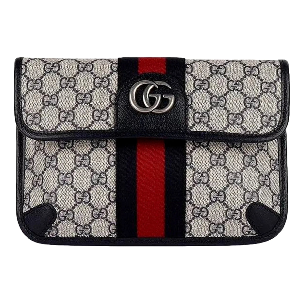 Gucci Ophidia Flap Belt Bag GG Beige Coated Canvas Navy and Red