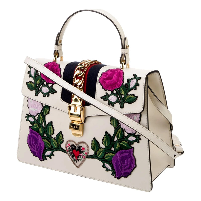 Gucci Sylvie Embroidered Off White Medium Top Handle Bag