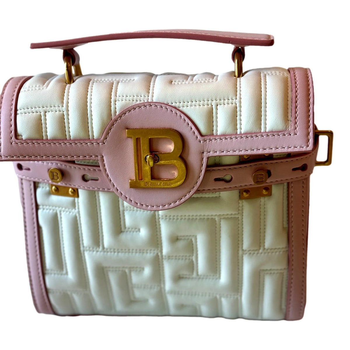 Balmain B-Buzz 23 Pink White Tote Crossbody Shoulder Bag Quilted Leather