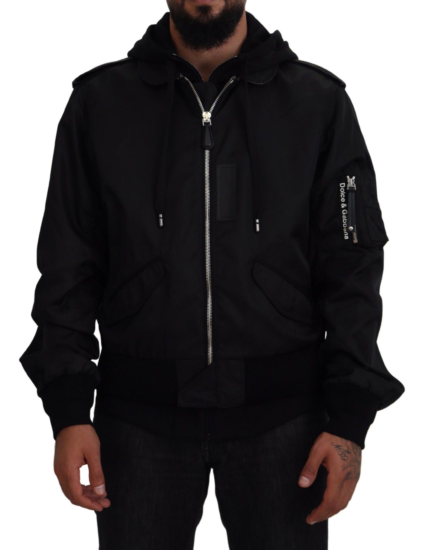 Dolce & Gabbana Sleek Black Hooded Bomber Jacket