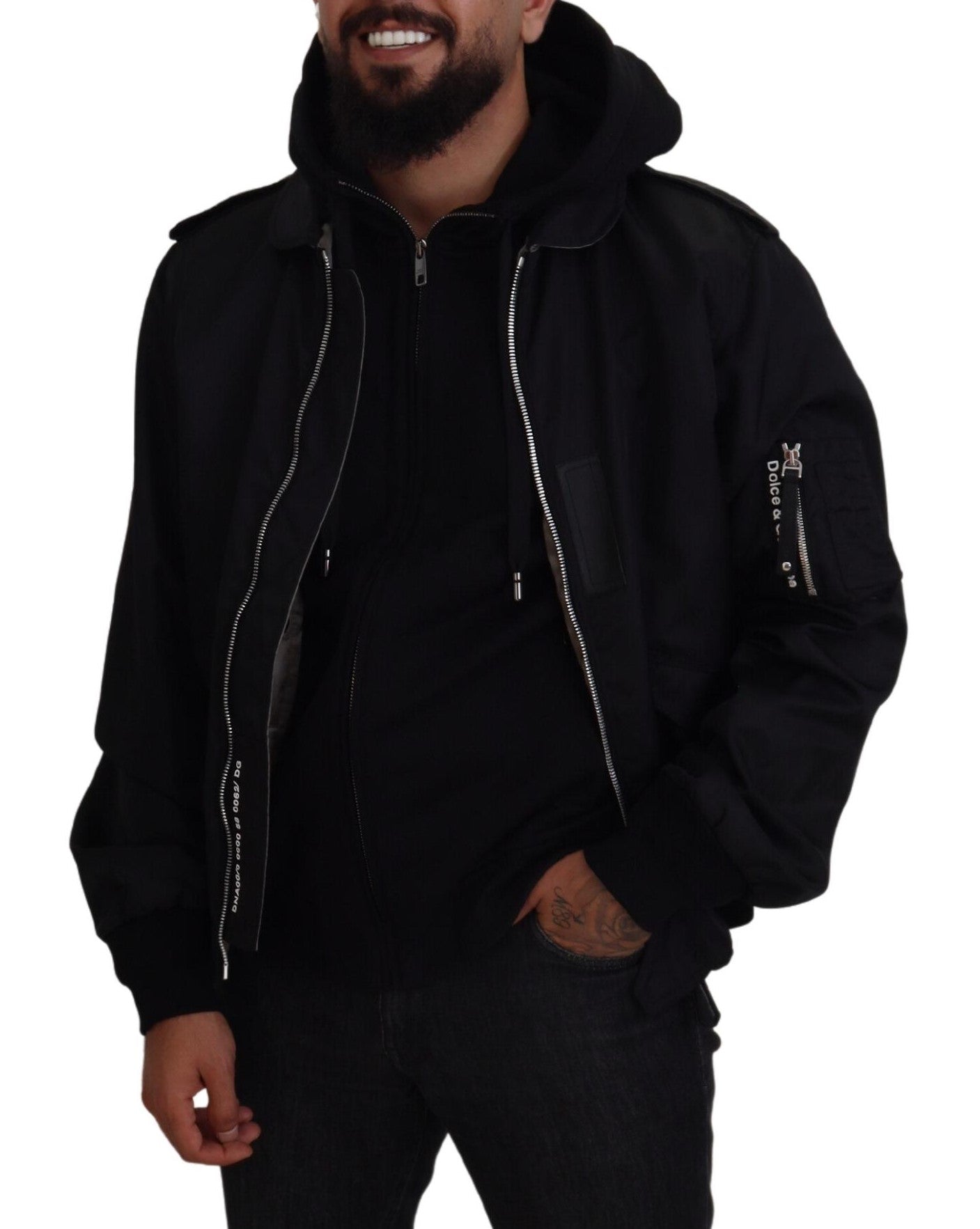 Dolce & Gabbana Sleek Black Hooded Bomber Jacket