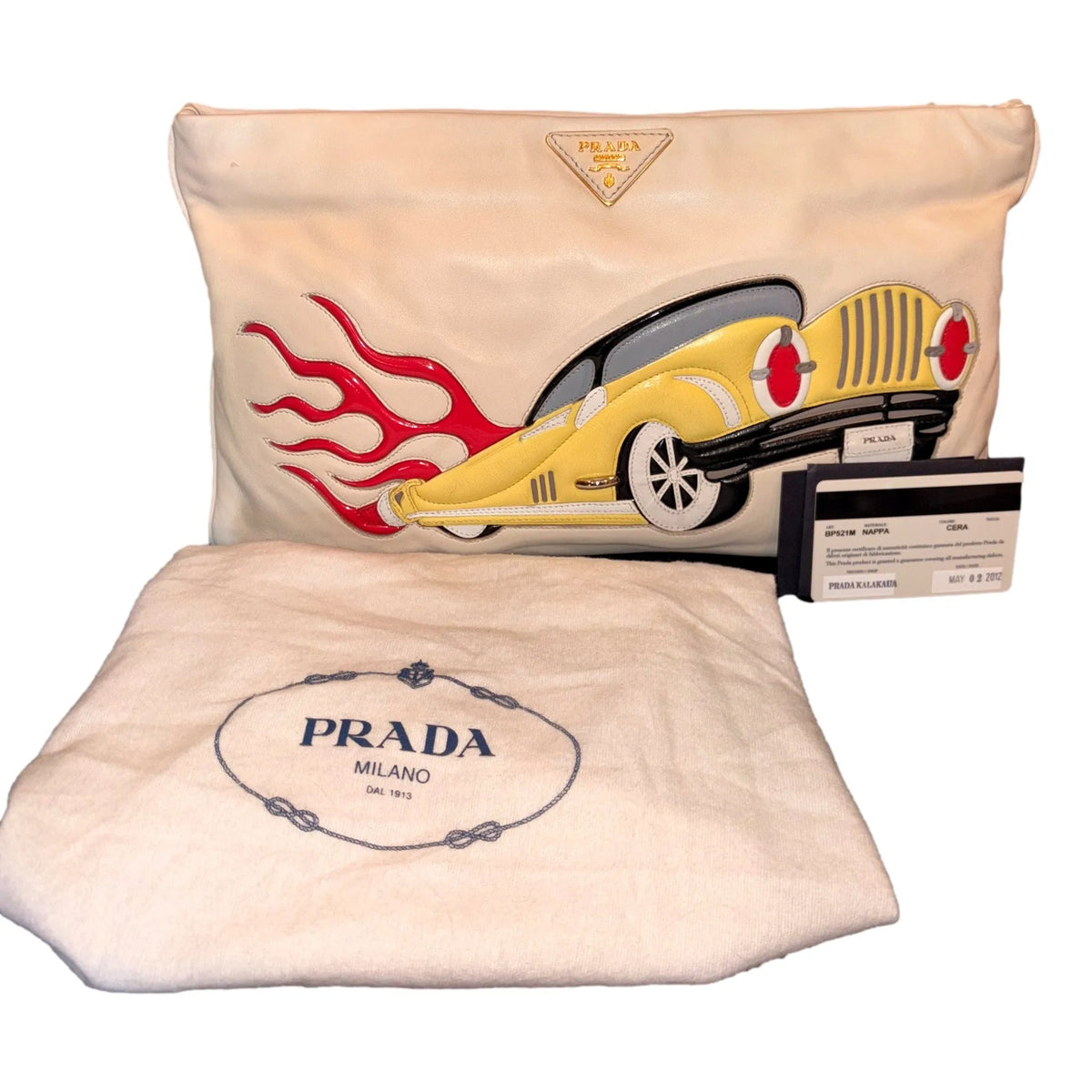 Prada 'Hot Rod Culture' Car Applique White Leather Handbag Clutch