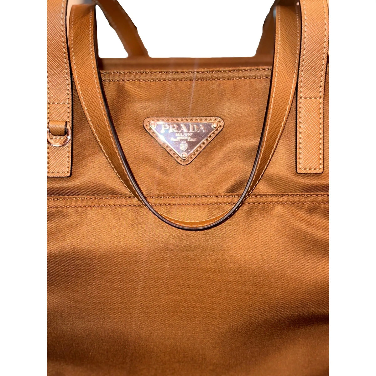 Prada Nylon and Leather Medium Shopper Tote Bag Tobacco Brown