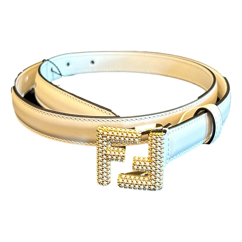 Fendi FF Studded Skinny Ivory Latte Belt Size 85