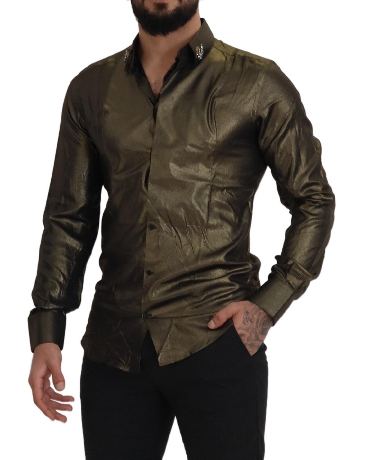 Dolce & Gabbana Elegant Gold Slim Fit Shirt with Crown Embroidery