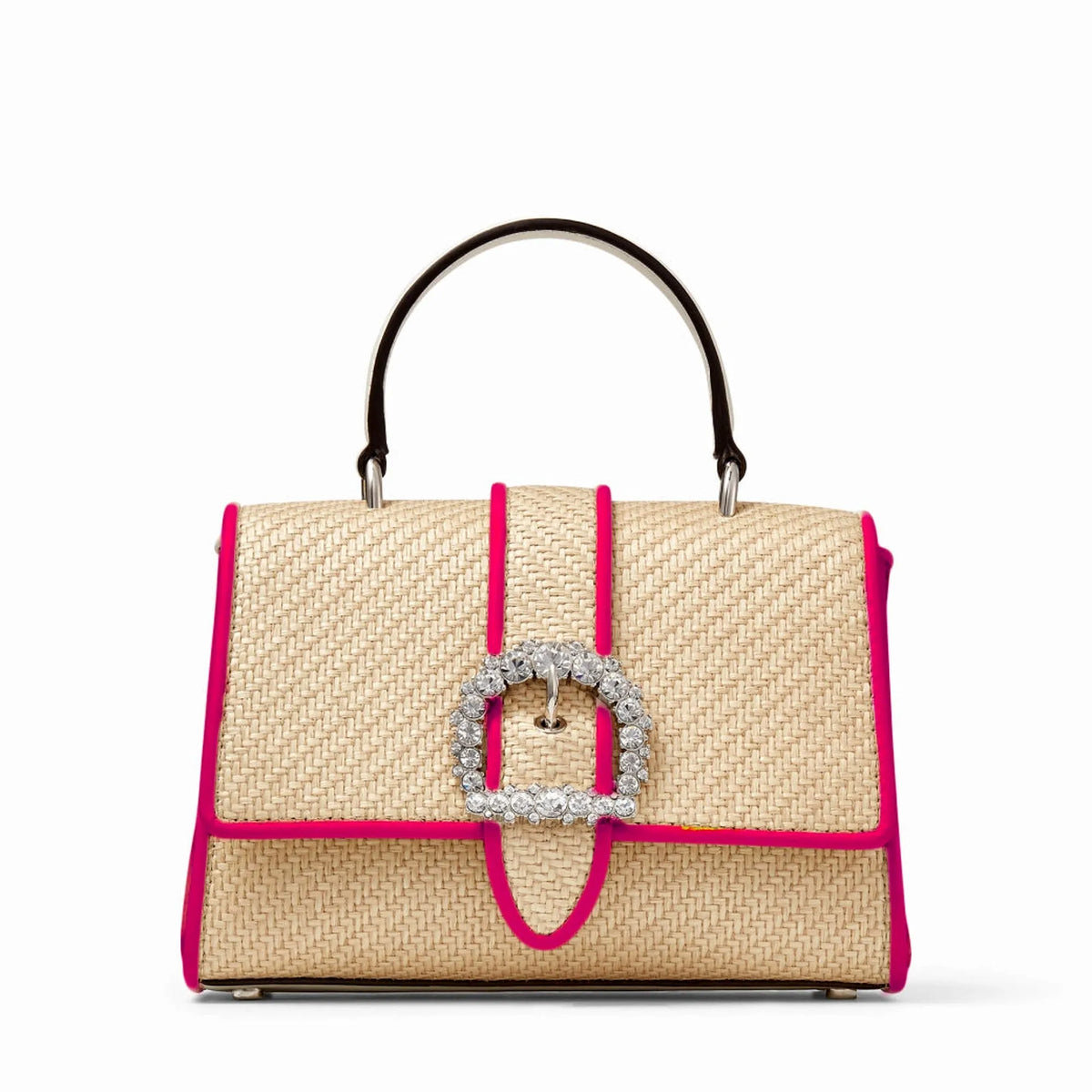 Jimmy Choo Cheri Crystal Medium Top Handle Bag Raffia Pink Leather Trim