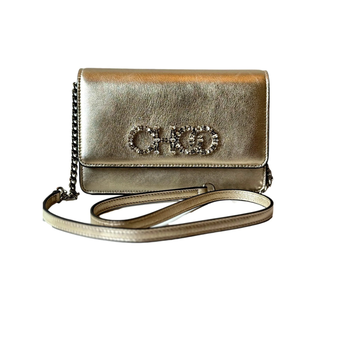 Jimmy Choo Kalina  Crossbody Clutch Bag Crystal Logo Metallic Gold