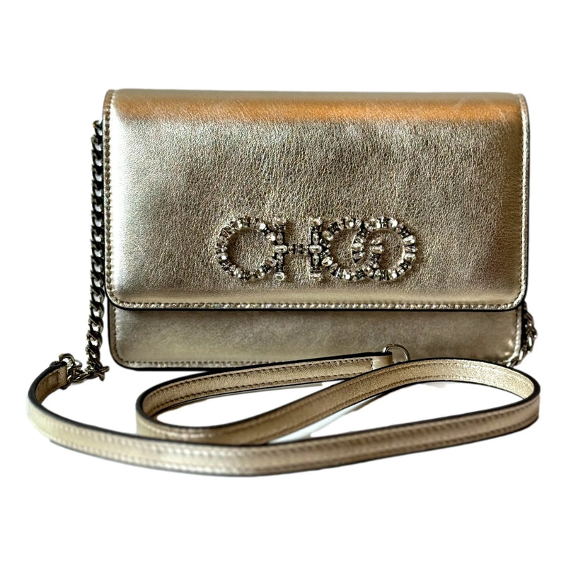 Jimmy Choo Kalina  Crossbody Clutch Bag Crystal Logo Metallic Gold