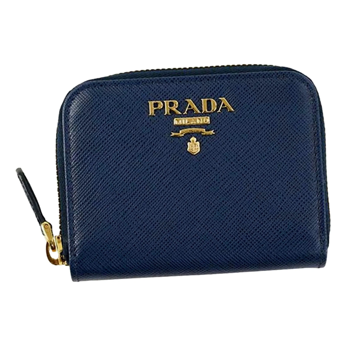 Prada Womens Zippy Coin Purse Wallet Saffiano Leather Bluette Blue Gold Logo