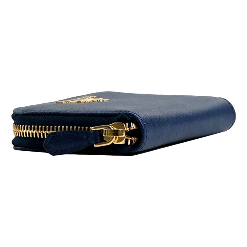 Prada Womens Zippy Coin Purse Wallet Saffiano Leather Bluette Blue Gold Logo