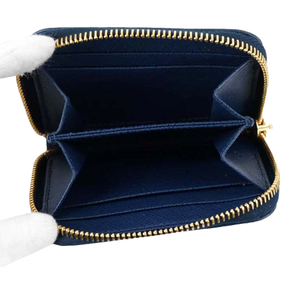 Prada Womens Zippy Coin Purse Wallet Saffiano Leather Bluette Blue Gold Logo