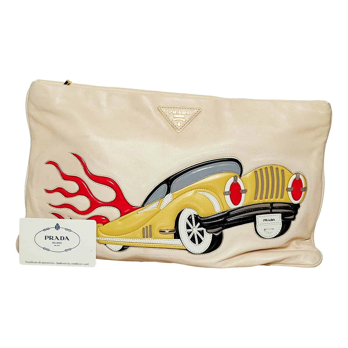 Prada 'Hot Rod Culture' Car Applique White Leather Handbag Clutch