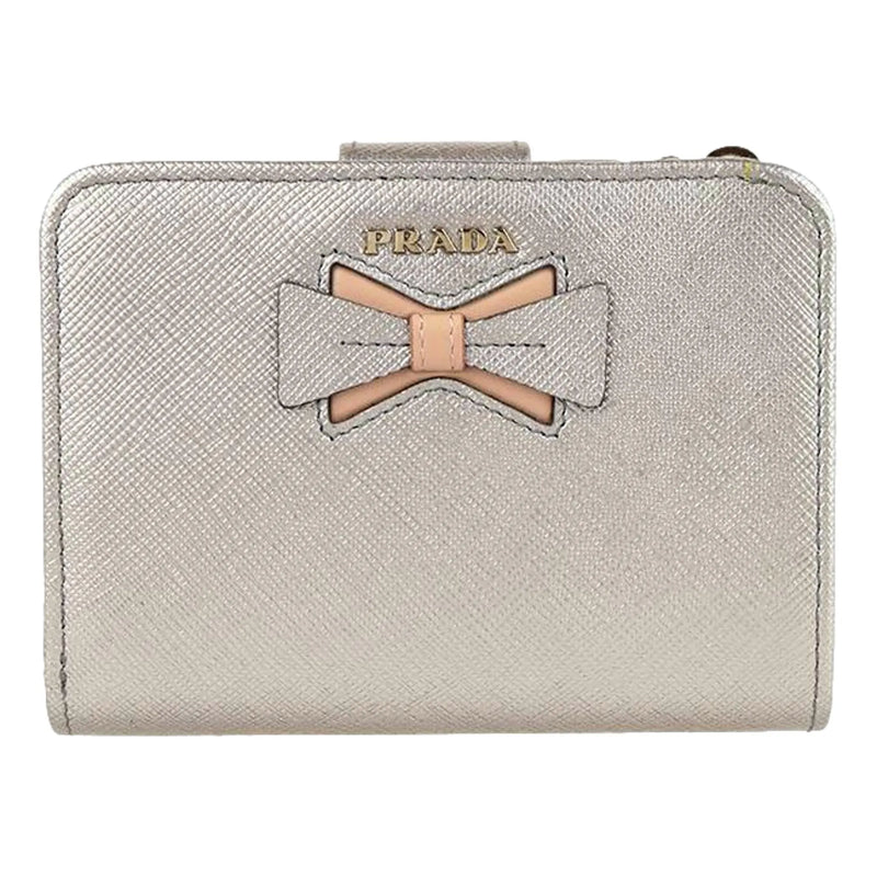 Prada Saffiano Leather Pirite and Cipria Gold Bow Wallet with Zipper Coin Pouch