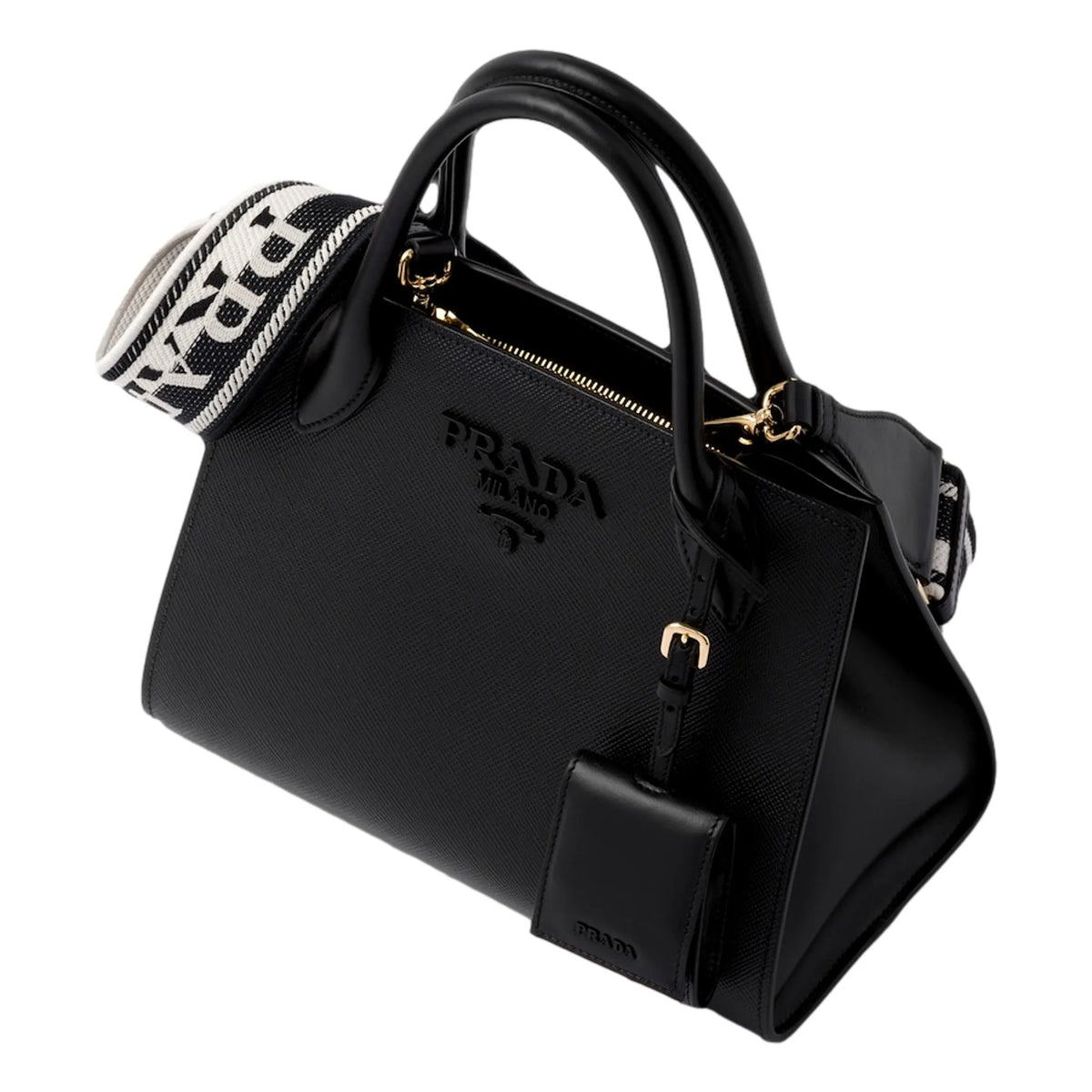 Prada Monochrome Saffiano Top Handle Crossbody Tote Bag Black