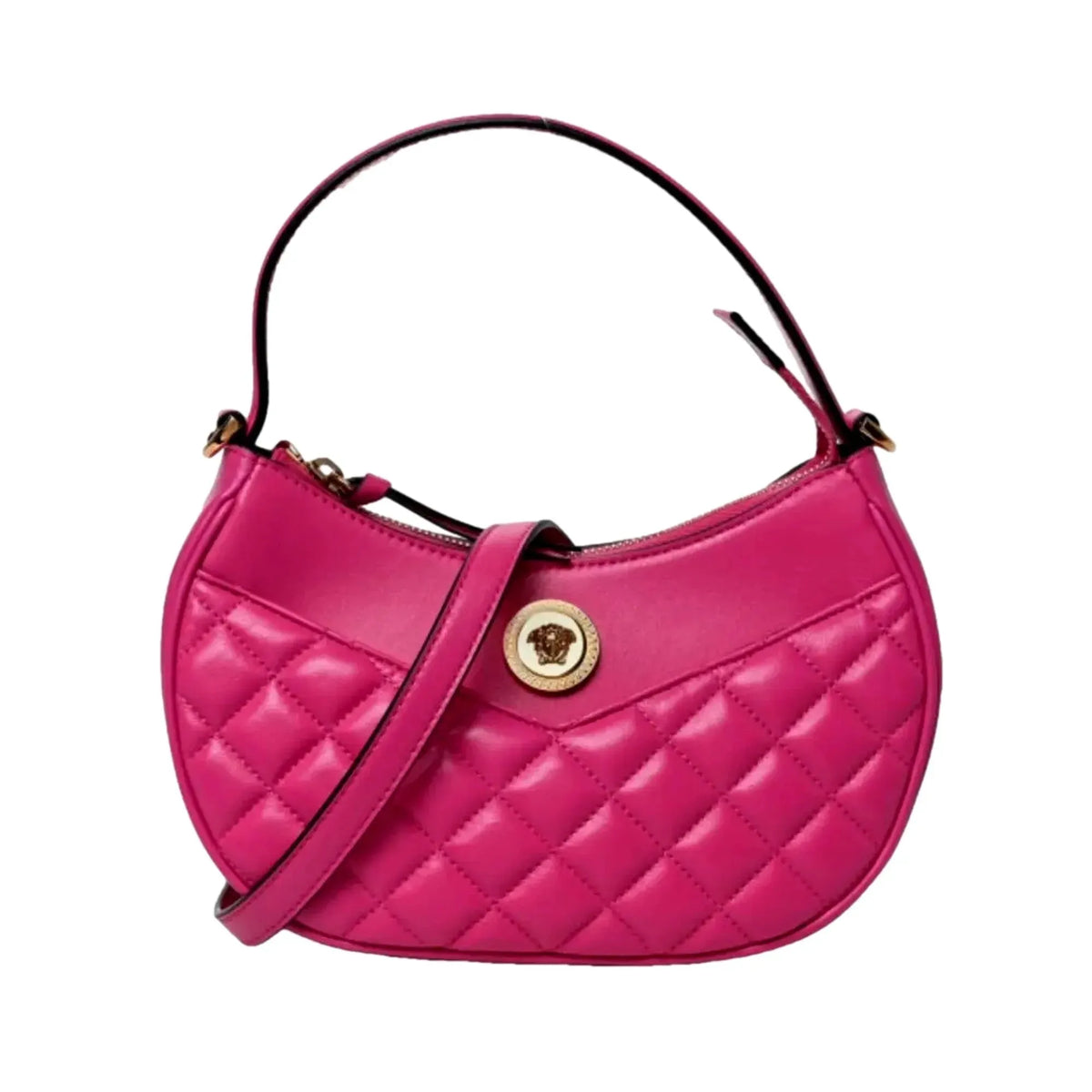 Versace La Medusa Half Moon Hobo Shoulder Crossbody Bag Pink Leather