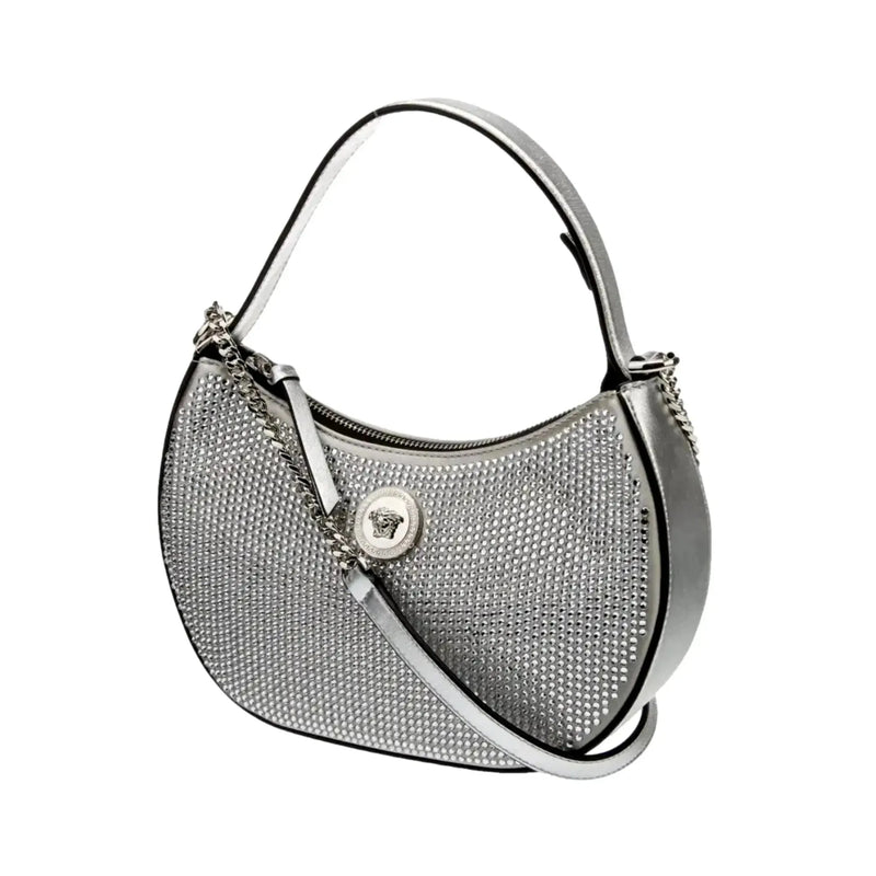 Versace La Medusa Crystal Half Moon Hobo Shoulder Crossbody Bag Silver