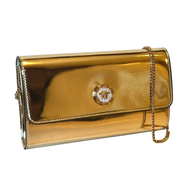 Versace La Medusa Crystal Clutch Crossbody Bag Metallic Gold Leather