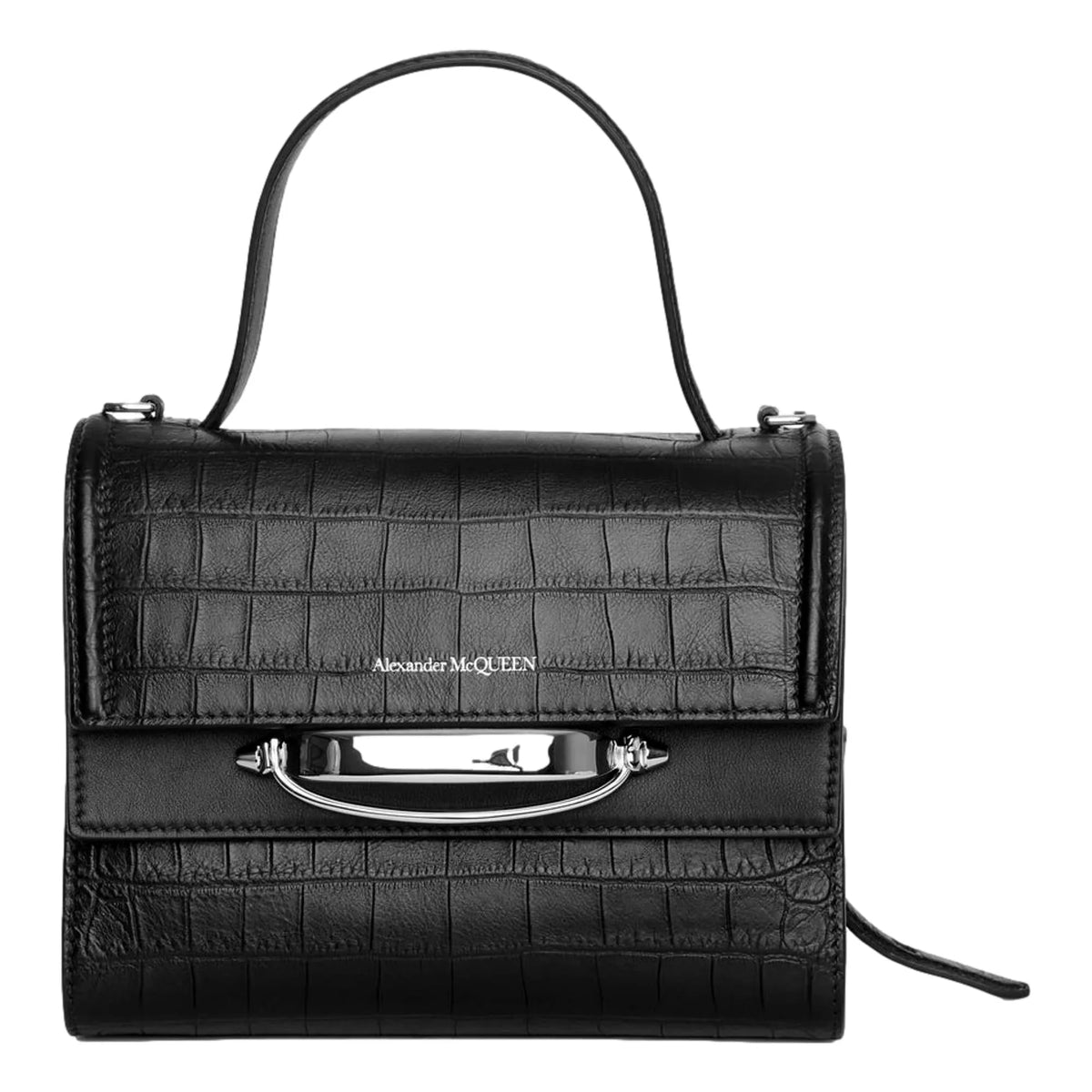 Shop bags and discover our Alexander McQueen The Story Croc Print Leather Black Satchel