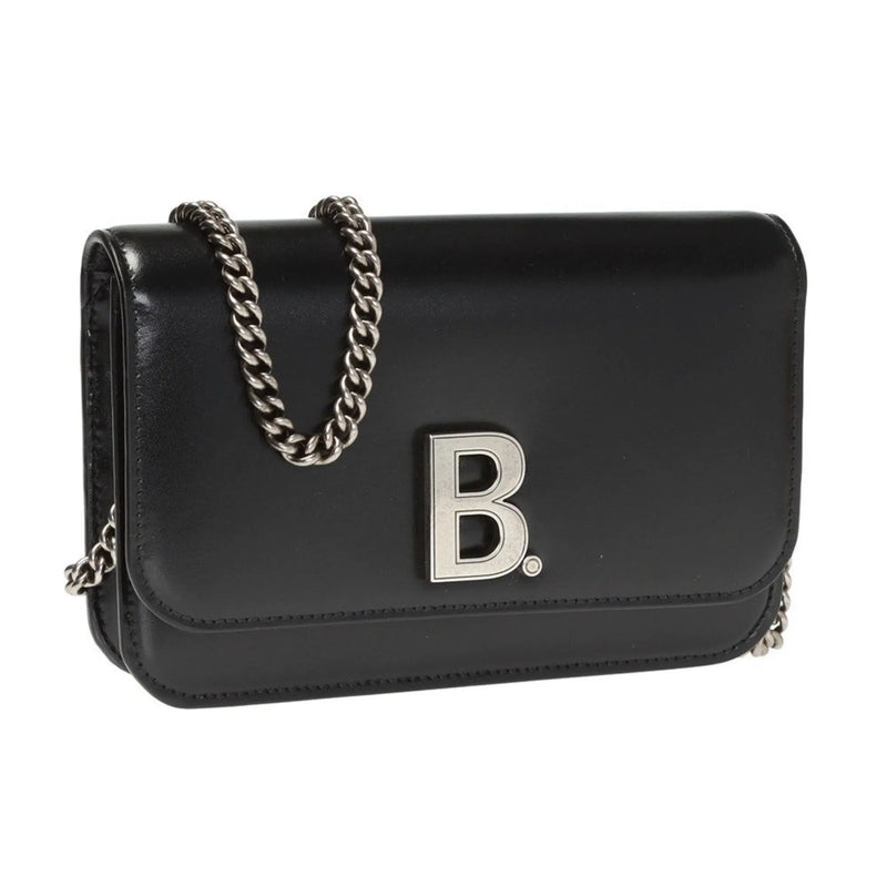 Balenciaga Black Calfskin Leather Silver Logo Chain Wallet Bag