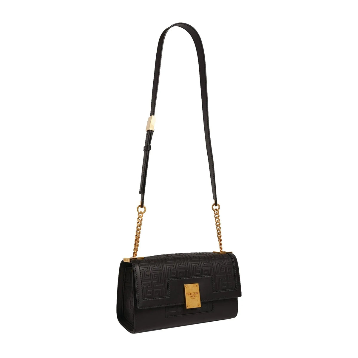 Balmain 1945 Black Leather Embossed Flap Medium Shoulder Bag