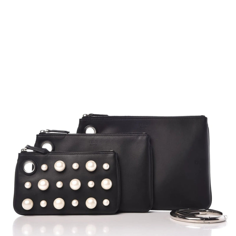 Fendi Black Leather Pearl Studded Triplette Multi Clutch Handbag - Handbags - Clayton's Online Store