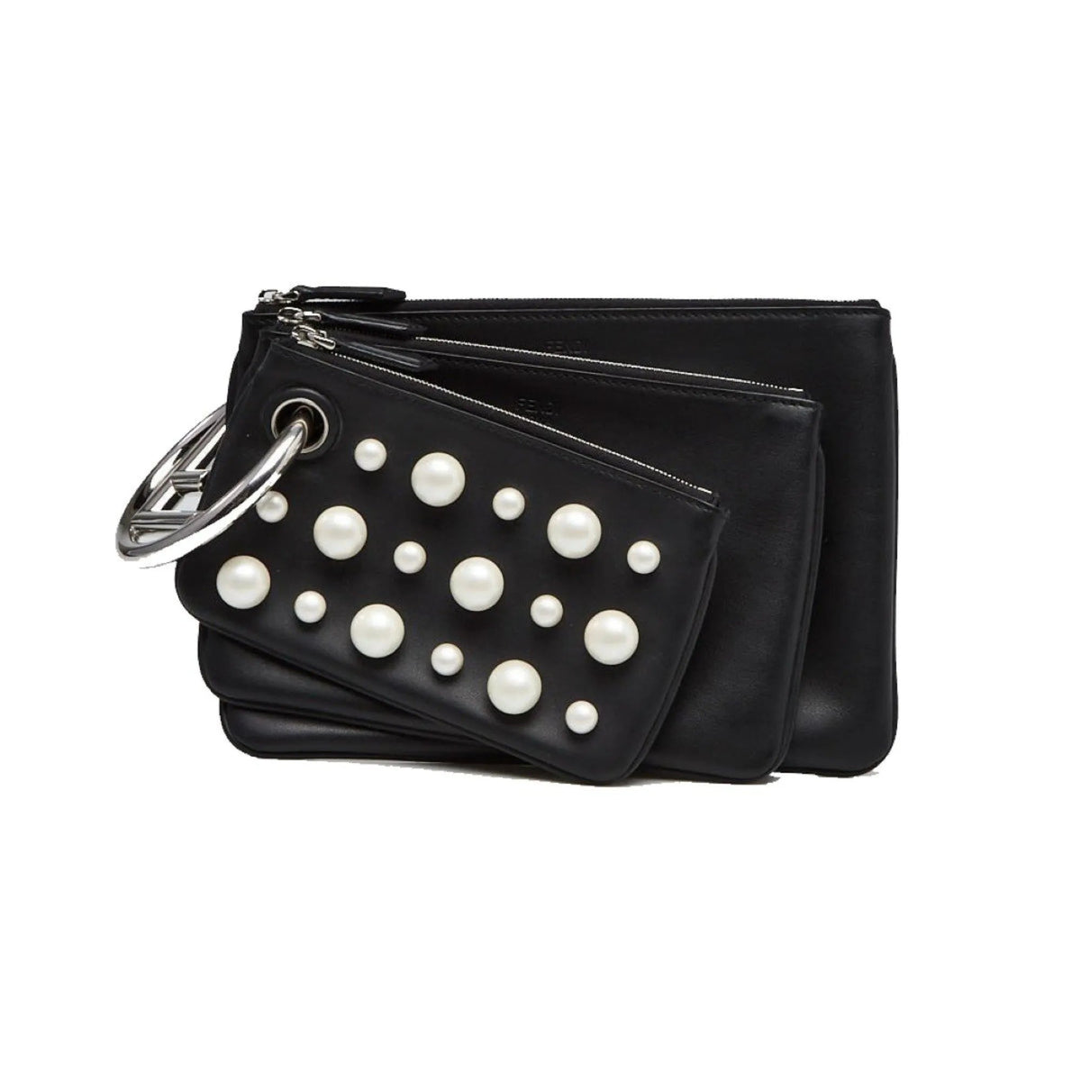 Fendi Black Leather Pearl Studded Triplette Multi Clutch Handbag - Handbags - Clayton's Online Store