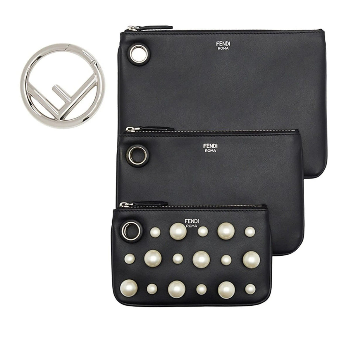 Fendi Black Leather Pearl Studded Triplette Multi Clutch Handbag - Handbags - Clayton's Online Store