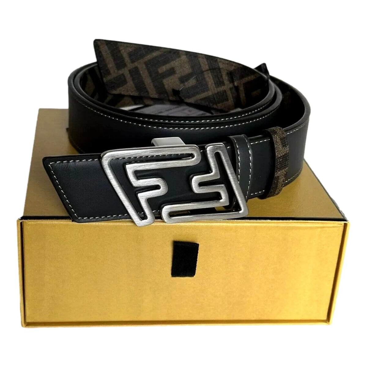 Fendi The Faster Men's Asphalt and Brown Belt Size 85