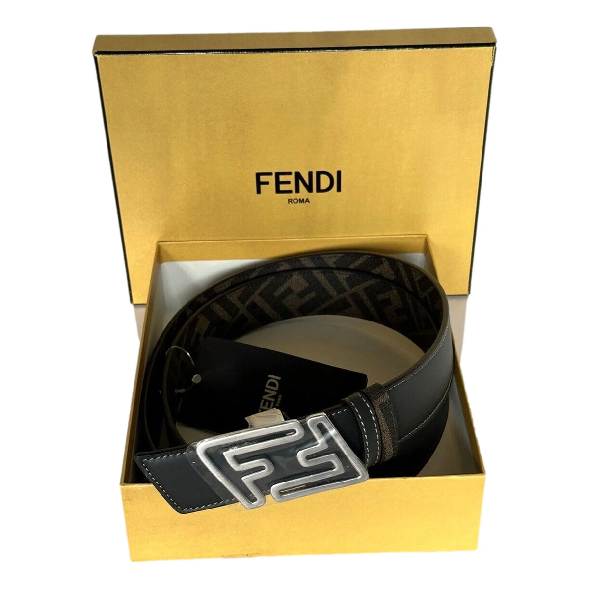 Fendi The Faster Men's Asphalt and Brown Belt Size 85