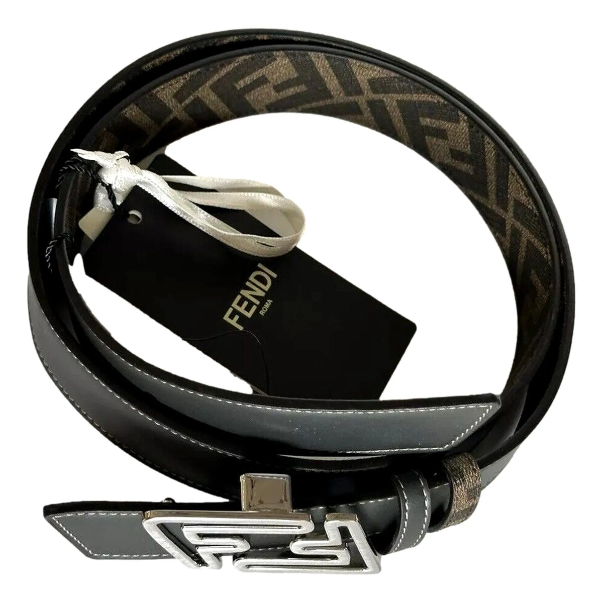 Fendi The Faster Men's Asphalt and Brown Belt Size 85